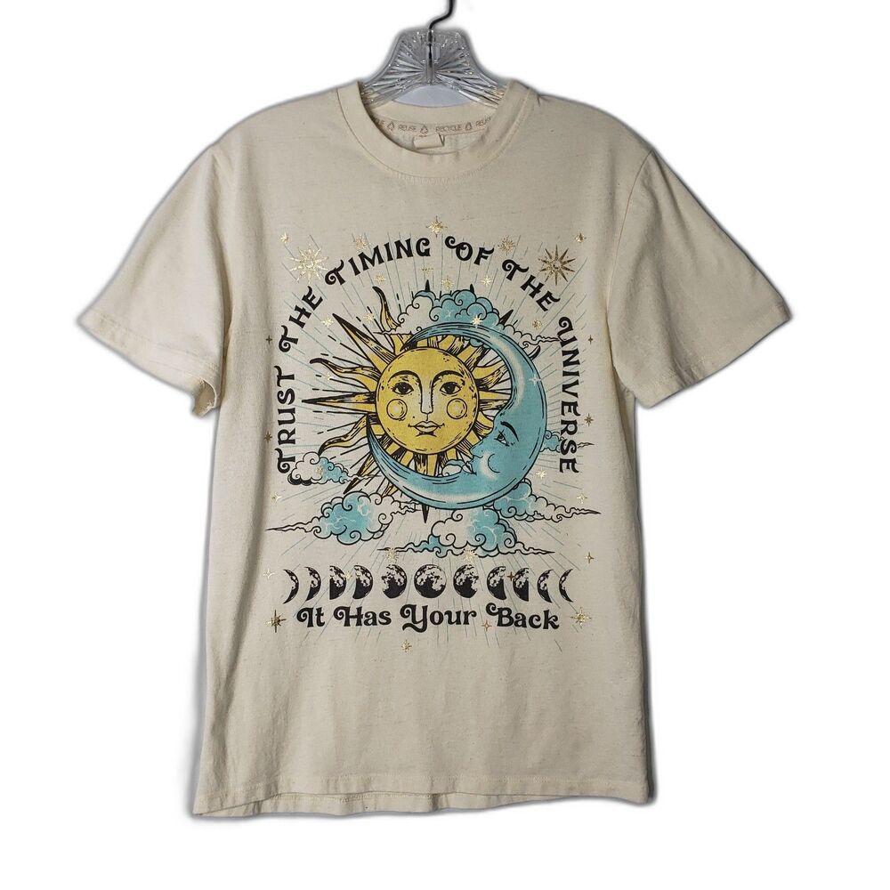 Recycled Threads Sun Moon Shirt Womens Small Trust Timing Universe Graphic Tee